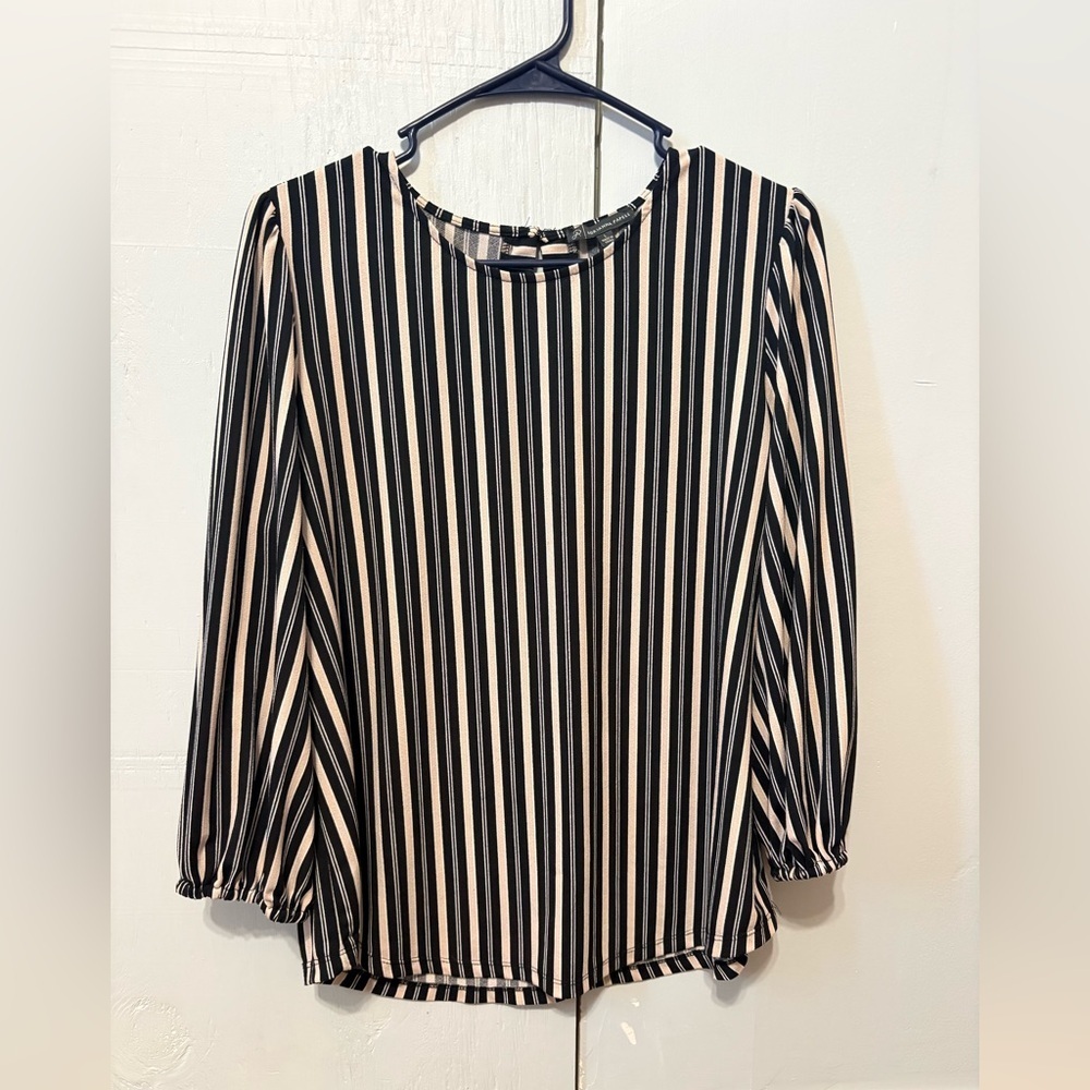 Adrianna Papell Striped Blouse Size L | Black Beige Vertical Stripe Top